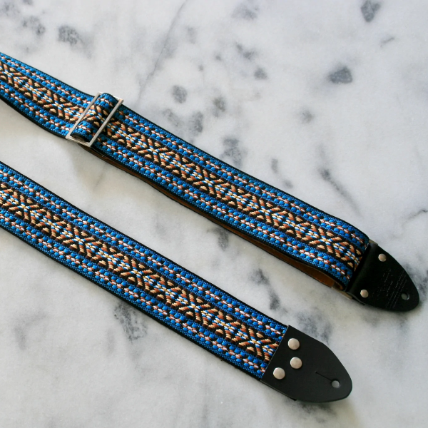 Tom's Vintage Straps Blue 'Maco' Guitar/Bass Hippie Strap, Black Leather Ends [New]