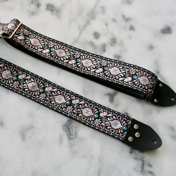 Tom's Vintage Straps Black 'Peacock' Guitar/Bass Hippie Strap, Black Leather Ends [New]