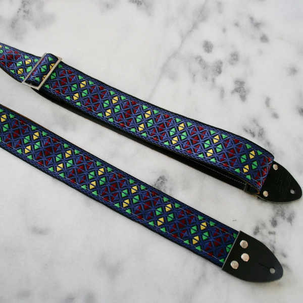 Tom's Vintage Straps Blue 'Monterey' Guitar/Bass Hippie Strap, Black Leather Ends [New]