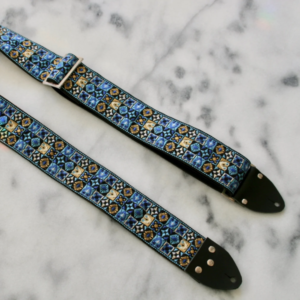 Tom's Vintage Straps Blue 'Woodstock' Guitar Bass Hippie Strap, Black Leather Ends [New]