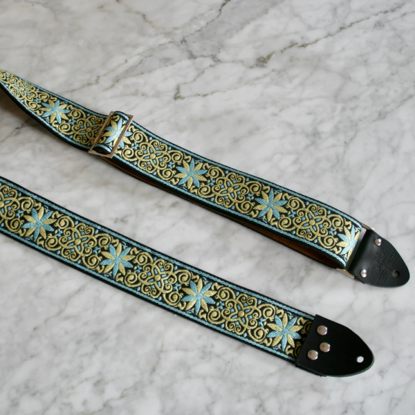 Tom's Vintage Straps Azur 'Dresden' Guitar/Bass Hippie Strap, Black Leather Ends [New]