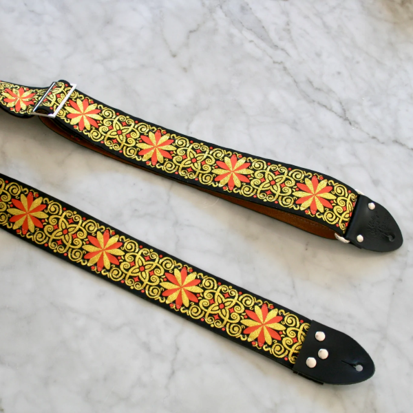 Tom's Vintage Straps Gold 'Dresden' Guitar/Bass Hippie Strap, Black Leather Ends [New]
