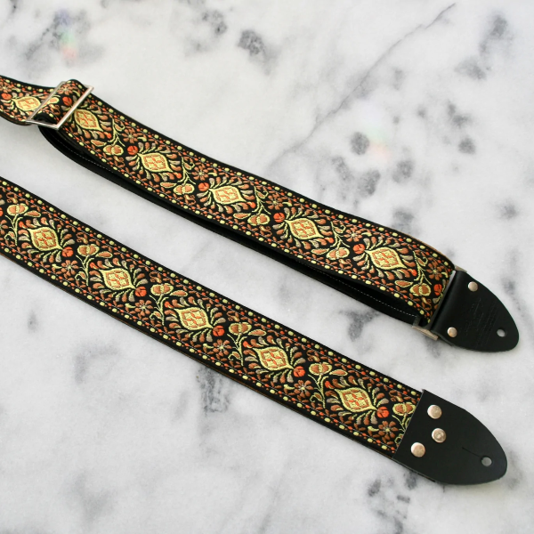 Tom's Vintage Straps Gold 'Peacock' Guitar/Bass Hippie Strap, Black Leather Ends [New]