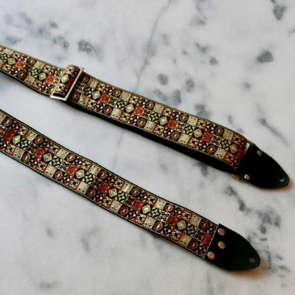Tom's Vintage Straps Gold 'Woodstock' Guitar Bass Hippie Strap, Black Leather Ends [New]