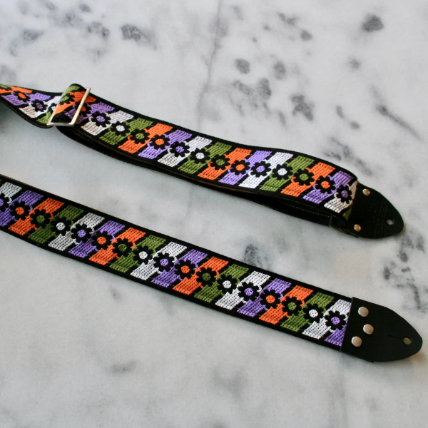 Tom's Vintage Straps Green 'Anemone' Guitar/Bass Hippie Strap, Black Leather Ends [New]