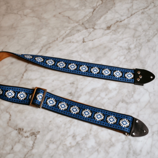 Tom's Vintage Straps Indigo 'Pillars' Guitar/Bass Hippie Strap, Black Leather Ends [New]