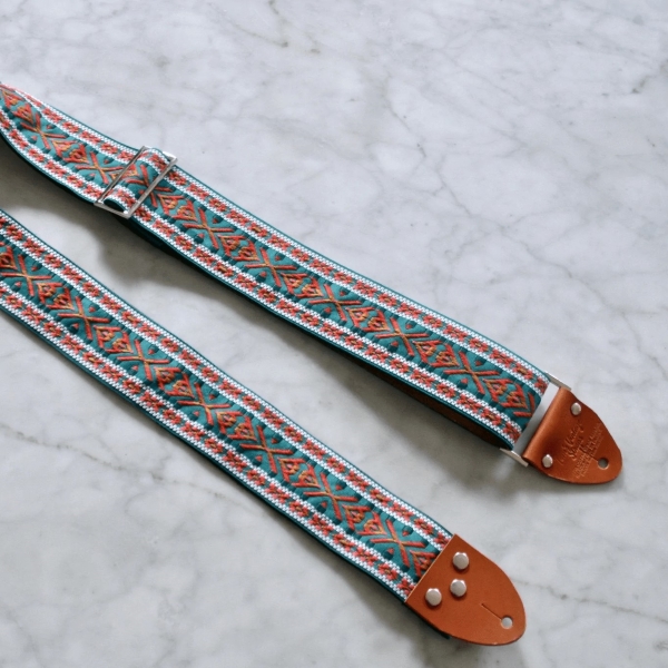 Tom's Vintage Straps Turquoise 'Lindy' Guitar/Bass Hippie Strap, Camel Leather Ends [New]