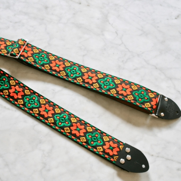 Tom's Vintage Straps Orange 'Altamont' Guitar/Bass Hippie Strap, Black Leather Ends [New]