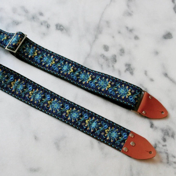 Tom's Vintage Straps Blue 'Peacock' Guitar/Bass Hippie Strap, Camel Leather Ends [New]