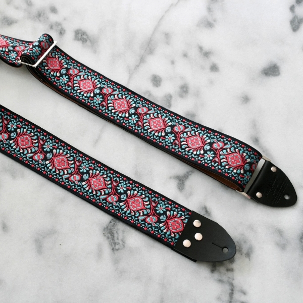 Tom's Vintage Straps Purple 'Peacock' Guitar/Bass Hippie Strap, Black Leather Ends [New]