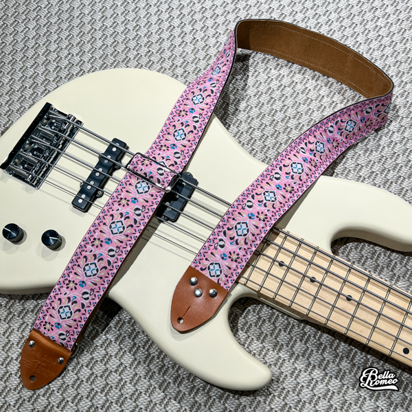 Tom's Vintage Straps Pink 'Peacock' Guitar/Bass Hippie Strap, Camel Leather Ends [New]