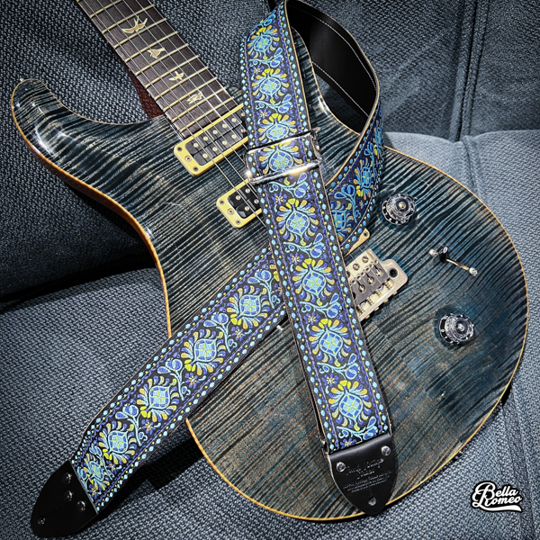 Tom's Vintage Straps Blue 'Peacock' Guitar/Bass Hippie Strap, Black Leather Ends [New]
